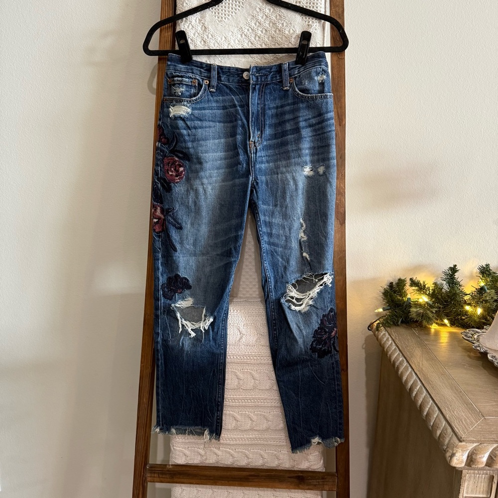 Abercrombie & Fitch Annie High Rise Boyfriend Jeans with Floral Embroidery
